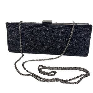 Jessica McClintock Black Beaded Evening Purse Chain Handle Goth Witchy Formal
